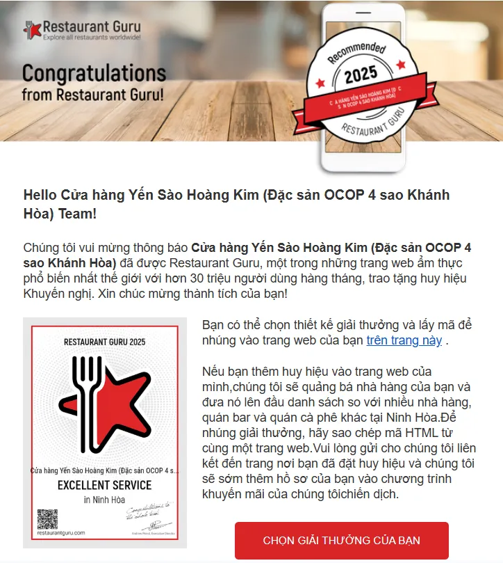 Yến Sào Hoàng Kim được Restaurant Guru vinh danh “Recommended 2025” – Niềm tự hào của thương hiệu yến sào Việt